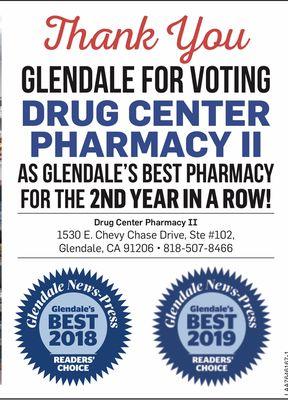 Thanks again for voting us "Glendale's Best Pharmacy" for the 2nd year in a row!