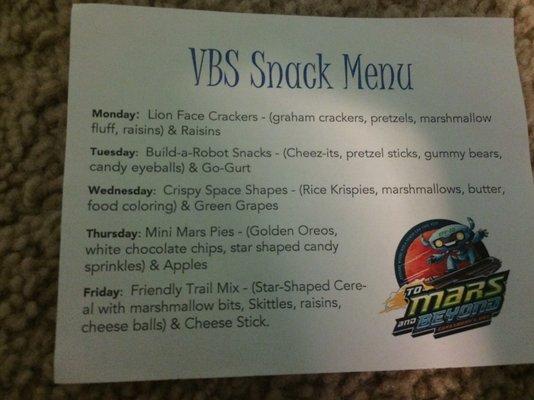 Our snack menu for 2019 VBS!