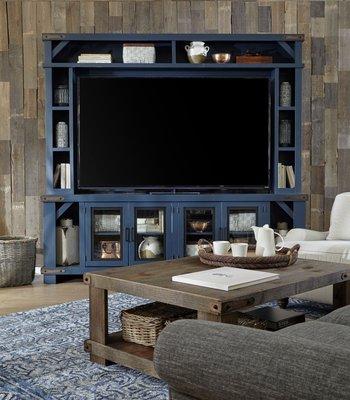 Sawyer is a transitional collection of farmhouse style in entertainment and occasional. Multiple vintage inspired finish options, including