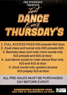 Prices for Just dance Thursdays