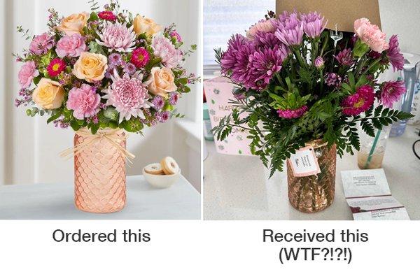 What I ordered versus what I received. The arrangements are embarrassingly sad.