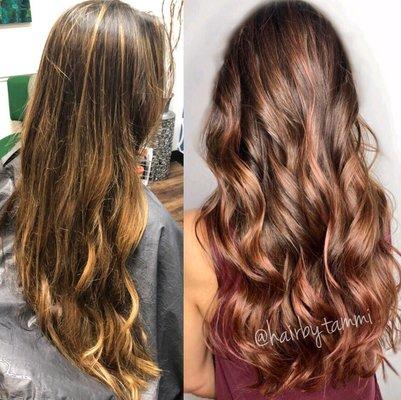 Before and after. This client wanted a subtle "RoseBrown". Hair by Tammi