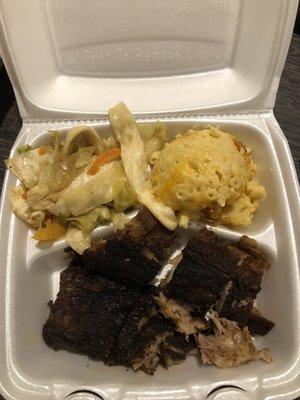 Jamaican cabbage, rib tips and Mac and cheese.