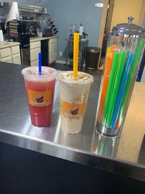 Pink Panther Loaded tea and Birthday cake smoothie