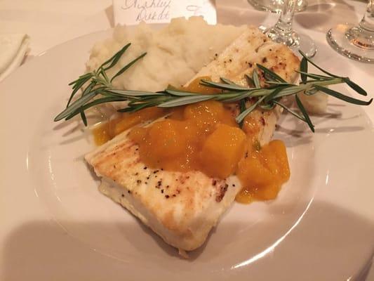 Grilled halibut, mango chutney, and mashed potatoes from the catering menu