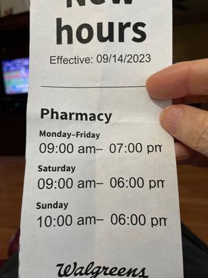 New PHARMACY hours.