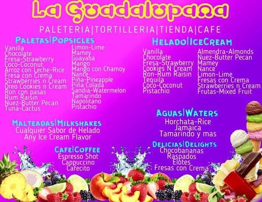 Large variety of Mexican goodies such as candy, ice cream, Popsicles, raspados (Mexican shaved ice) elites preparados, chicharones, sodas