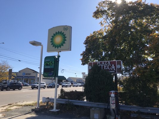 BP gas. Located next to Plaza Azteca, at Queen Ann's corner Hingham. Across from Bank of America and near the Big Y