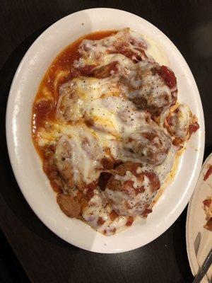 Chicken parmigana with meatballs and cheese overall