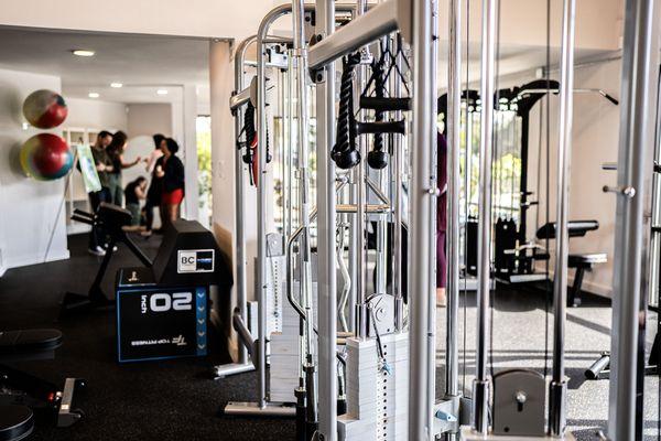 Gym space - cables, yoga balls, hip thrust bench, blocks, and people in the background.