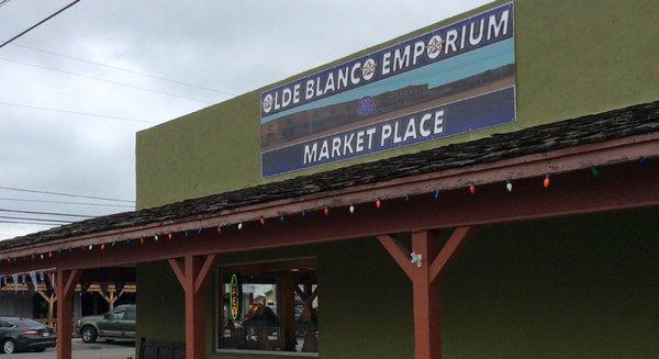 Outside of Olde Blanco Emporium and Marketplace in Blanco, TX