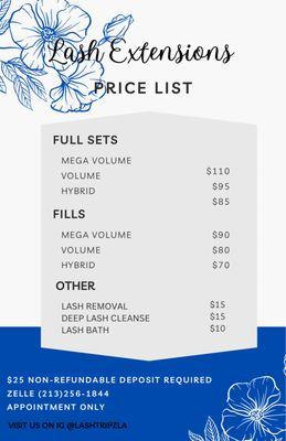 Lash Extensions Price List