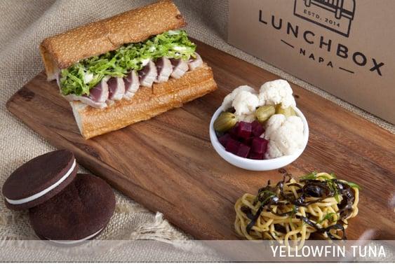 Yellowfin Tuna Sandwich with Black Sesame Slaw and Toasted Nori Aioli