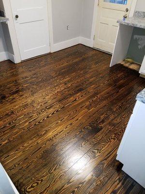 100+ YEAR OLD HEART PINE 
JACOBEAN STAIN AND THREE COATS OF OIL MODIFIED POLYURETHANE FINISH