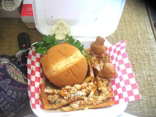 Beth's 5 STAR Corral's Grill  cheeseburger, garlic fries, deep fried mushrooms.