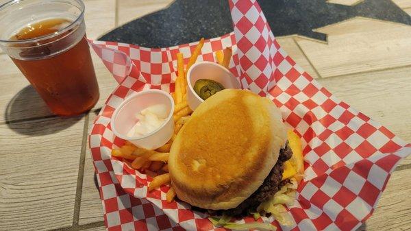 Bacon Cheeseburger  with fries and Yuengling