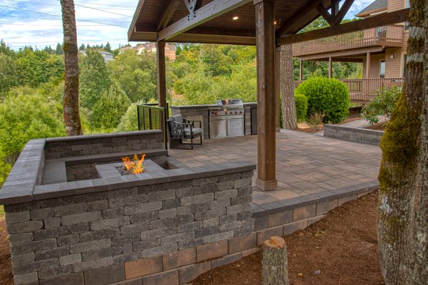 Outdoor Kitchen with Gas fire-Pit and Patio Cover and Pavers