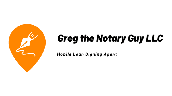 Greg the Notary Guy LLC logo landscape orange waypoint pinpoint pen writing