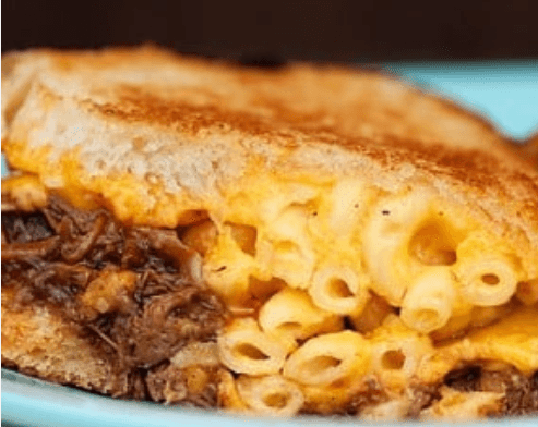 Spankys Mac n Cheese with brisket sandwich with BBQ n gords sauce