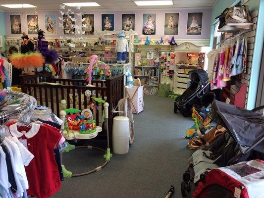 Used furniture and toys alternate with displays of new, locally made children's products.