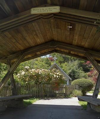 View of the church from under the covered benches.