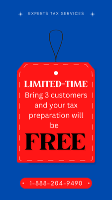 Limited Time Offer!  Bring in 3 customers whether it be friends or family and your tax preparation will be FREE!