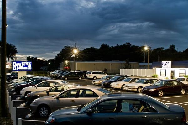 Car lot at night