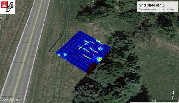 We did a grid scan to locate the laterals in a customer's drainfield. This grid slice, overlaid on Google Earth, shows part of 5 laterals.