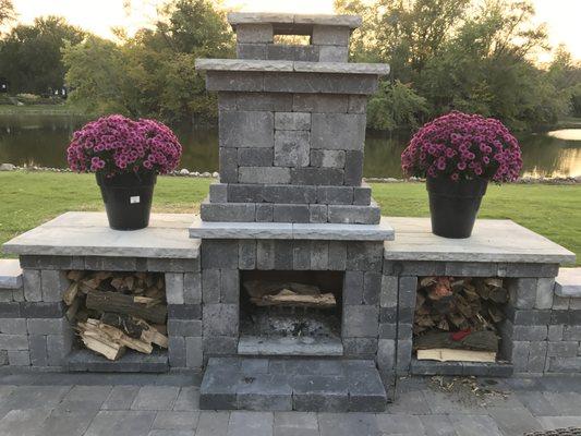 Fireplace patio Tumbled Unilock brick pavers, All Natural Landscapes, Brick Paver patio,