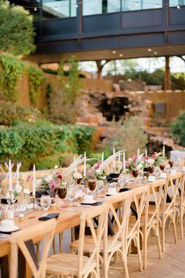 Seating for a 50 person wedding in our courtyard!