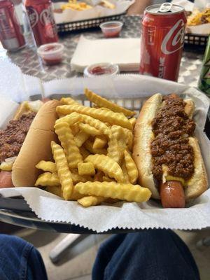 Thursday special, 2 chili dogs with fries. (Drinks are extra)