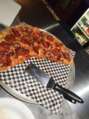 Pepperoni  and sausage pizza.