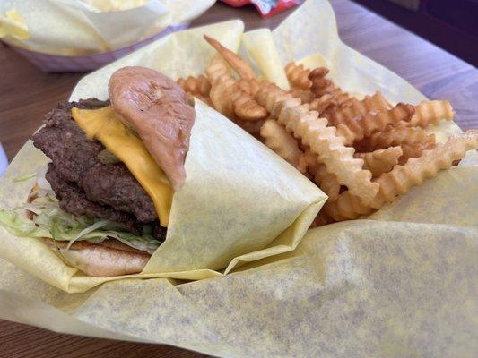 Green chili double cheeseburger and fries