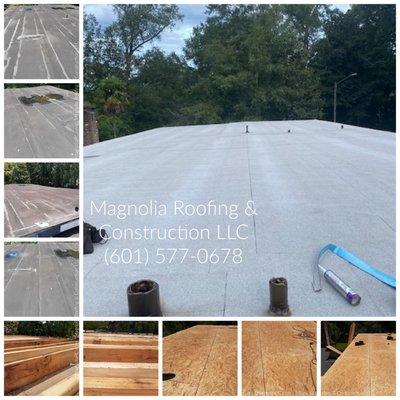 Recent flat roof repair included tear-off, repair joists, add new decking, and then peel and stick TPO, a top and bottom layer.