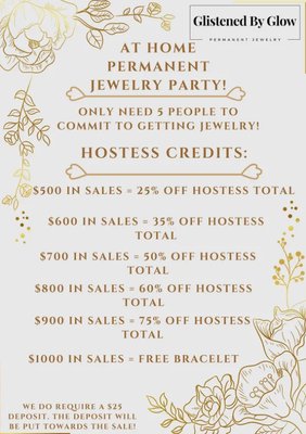 Now offering in-home permanent jewelry parties!!!  Get your best girls together and  enjoy generous hostess specials!! Call or book now!