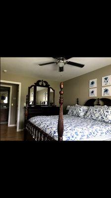 King bed, ceiling fan, 45" smart TV in bedroom