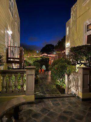 Nighttime view looking into backyard from fountain