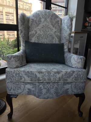 Before: Velvet green Ethan Allen chairs found on curb. After: beautifully reupholstered with Ethan Allen fabric by Charley