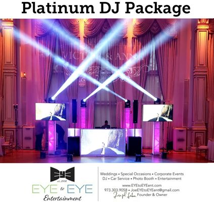 Platinum Pkg: 1 DJ/MC, 4 Intelligent Lighting moving heads to enhance the dance floor, 2 65" Tvs, State of the Art Sound, Glow Booth & Mic