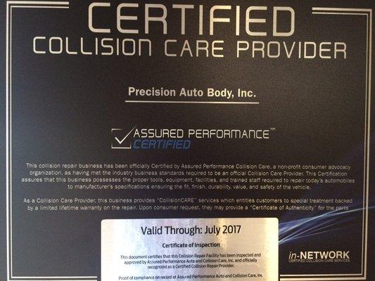 Certificate through Assured Performance for the collision industry