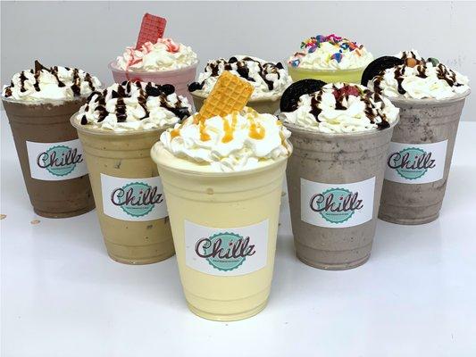 An assortment of some of our incredible Chillz milkshakes! You can't get these anywhere else!