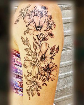 Flowers, Botanical, Petals, Blossoms, Bloom, Garden, Bouquet, Delicate Tattoo