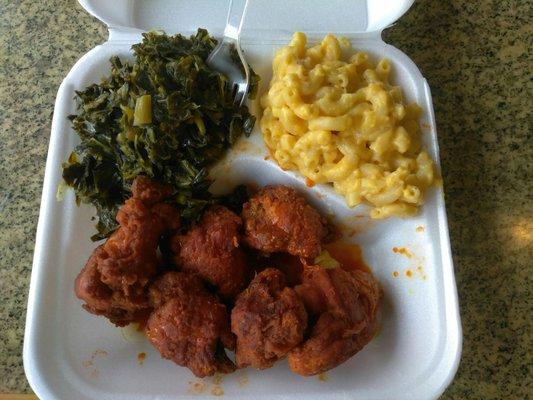 Hot wings macaroni and cheese and greens