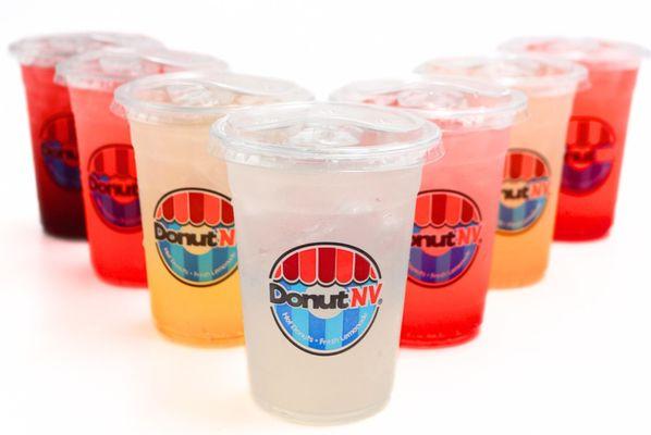 Fresh-squeezed lemonade in 7 different fruit flavors. Original, Strawberry, Mango, Peach, Raspberry, Cherry, Blueberry