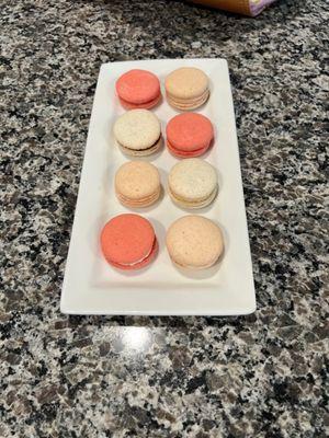 Strawberry, peach, white ganache and chocolate chile macarons. BEAUTIFUL!