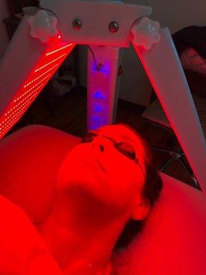 Red Light Therapy stimulates collagen and elastin. We do this after microneedling, which also helps with healing and redness.