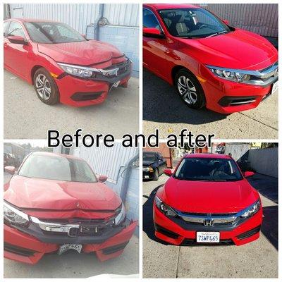 Before and after on a 2016 Honda Civic.  Expect the best auto repair and body work done at Grand Auto Body and Paint.