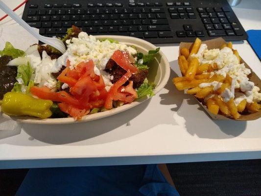 Falafel salad and Greek fries