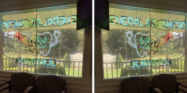 9/7/21   A visit to Dr. Greenberg's office. The neon sign as seen from inside and mirrored.