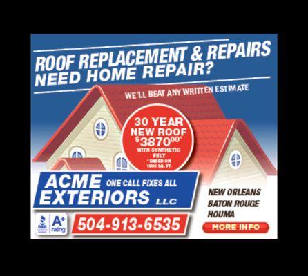 Special $3870.00 new roof replacement on 1800 sf